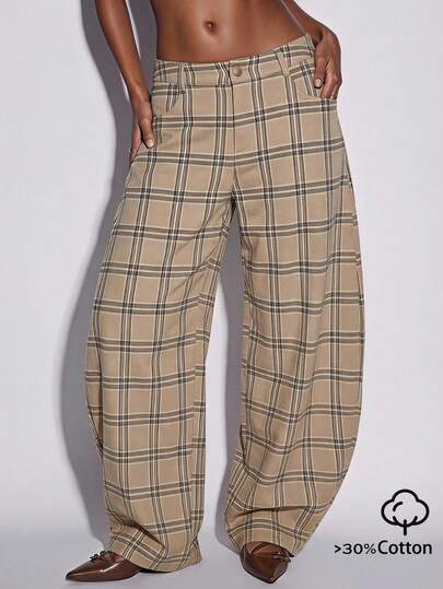 Normani Pantalones largos casuales sueltos de pierna ancha con pierna curva y bolsillos a cuadros para mujer