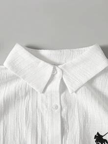 青少年女孩春夏修身休閒極簡百搭梭織紋理收腰翻領小Logo刺繡長袖白色襯衫，白色上衣，返校白色襯衫，學院風襯衫 - 白色 - 查看 6