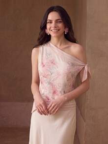 Anewsta Women's Spring/Summer One-Shoulder Square Neck Coconut Tree Elegant Beach Tea Party Date Party Wedding Blouse Shirt Floral Pink Floral - Pink - View 4