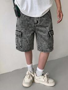 SHEIN Little Byeori 兒童青少年男孩休閒水洗工裝牛仔短褲 - 淺色水洗藍 - 查看 3