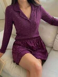 DAZY 舒適碎花針織開襟衫長袖翻領短上衣與短睡褲 2 件組女款睡衣 - 紫色 - 查看 4