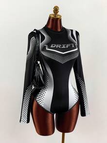Amplova Damen Motorrad Schulanfang Saison figurbetonter Langarm Mini Bodysuit - Schwarz und Weiss - Übersicht 6