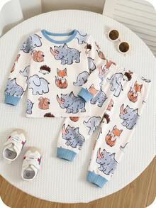 SHEIN Baby Boy Baby Girl Snug Fit Autumn/Winter Cute Animal Pattern Ribbed Crew Neck Long Sleeve Top And Pajama Pants Soft Comfortable Tight Fit Sleepwear Home Wear Set 2pcs, Christmas, New Year, Pajama - Multicolor - View 2