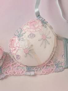 Elorette 2pcs Light Blue Underwire Molded Cup High Support Push Up Comfy Balconette Embroidered Floral Pattern Romantic Pastoral Women's Lingerie Set - Green - View 3