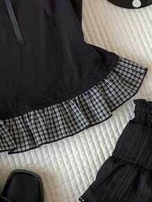 Attitoon Casual Minimalist Daily Versatile Vintage Party Gathering Airport Outfit Y2K Tops, Black And White Plaid Bow Patchwork Slim Fit Waist, Women's Summer Outfit, Dating, Afternoon Tea, Vacation, Street, Outing, Women's Blouse - Black - View 4