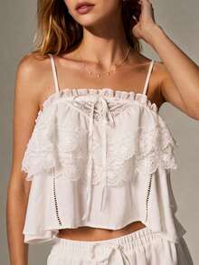 Willow Rêve Atasan Camisole Pendek Wanita Putih dengan Hiasan Bordir dan Rumbai Romantis, Gaya Boho, Hari Valentine, Gaya Romantis untuk Liburan - Putih - View 1