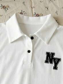 青少年女孩深藍色 Polo 領刺繡圖案荷葉邊休閒洋裝，校服風格，適合學校、戶外活動、購物、日常穿著 - 白色 - 查看 6