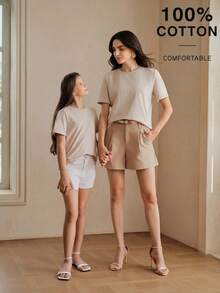 Anewsta Spring/Summer New Girl's Minimalist Modest Solid Color 100 Pure Cotton All-Match Versatile Short Sleeve T-Shirt Beige - Apricot - View 4