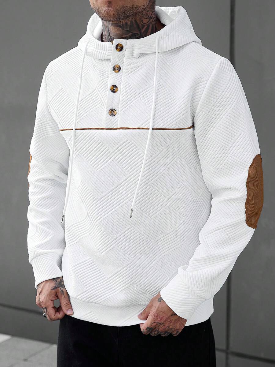 Manfinity CasualCool 男士春夏四季通用長袖連帽衫,紋理面料拼接撞色設計,成熟休閒風長袖連帽衫 - 白色 - 查看 1