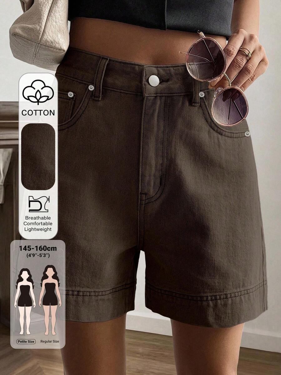 Livesso Petite Short en jean décontracté et polyvalent pour femme, avec poches et boutons, pour l'été - Tabac - Voir 1