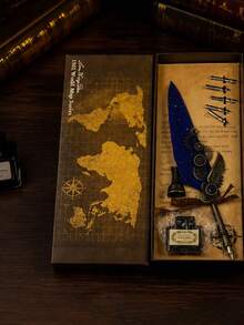 1pc Jubaboz Calligraphy Brush With A Stand And Replaceable Nibs, Feather Pen, Ink, Vintage Dip Pen With Mechanical Gears, Suitable For Office Use - multicolor - View 9
