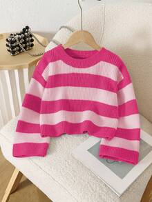 SHEIN Suéter corto a rayas de colores contrastantes para niña - Rosa Fucsia - Ver 1