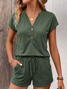 Zayélia Spring And Summer New Fashionable And Casual Military Green Short-Sleeved T-Shirt + Shorts Set - Army Green - View 7