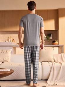SHEIN Provexi 大码男士纯色短袖格子裤睡衣套装 - 灰色 - 查看 2