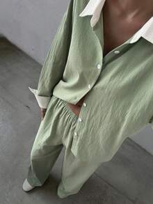 DAZY Conjunto de Roupa de Descanso Feminino com Top de Manga Longa de Abotoamento Único e Calça em Cores Contrastantes para o Outono - Verde - Visão 12