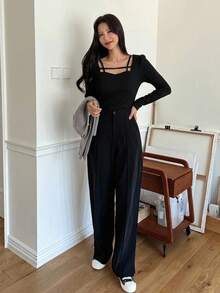 FRIFUL Women's Solid Color Sweetheart Neck Puff Sleeve Fashionable T-Shirt Long Sleeve Top - Black - View 13