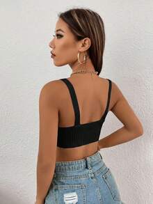 SHEIN Essnce Top de punto corto de unicolor casual de verano - Negro - Ver 2