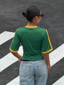 Muchica 95%棉女款巴西世界盃腰部短版T恤，性感運動休閒日常街頭風，夏季綠色 - 彩色 - 查看 2