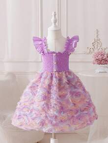 SHEIN 女童公主洋裝，紫色3D花朵，紫色細肩帶洋裝，荷葉袖，生日派對、婚禮度假洋裝，奢華優雅可愛甜美 - 紫色 - 查看 3