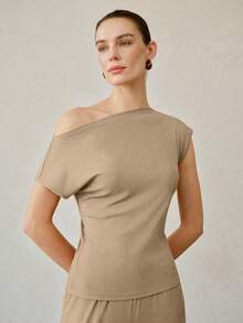 MOTF PREMIUM WOMEN'S CASUAL PLEATED ASYMMETRIC NECKLINE KNIT 2 PIECES SET - Brown - View 4