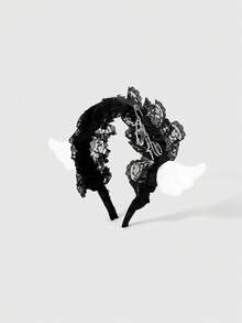 ROMWE Anime 1件裝黑色龐克千禧風十字鉚釘蕾絲縫線時尚簡約復古性感女士髮箍，適合大學、購物、約會等場合 - 黑色 - 查看 3