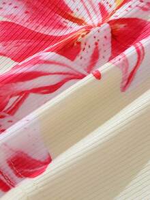 SHEIN Elladie kids 2件組青少年女孩掛脖背心上衣，開學季 7歲生日/1歲生日款，領口花卉印花羅紋針織，純色荷葉邊套裝，幼兒房風紫色，秋季 - 粉色 - 查看 4
