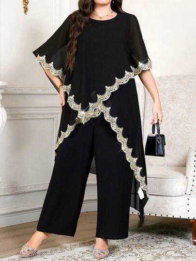 Reflora Plus Size Lace Trim Asymmetrical Hem Top And Pants 2 Pieces Set Fall