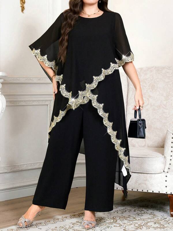 Reflora Plus Size Lace Trim Asymmetrical Hem Top And Pants 2 Pieces Set Fall