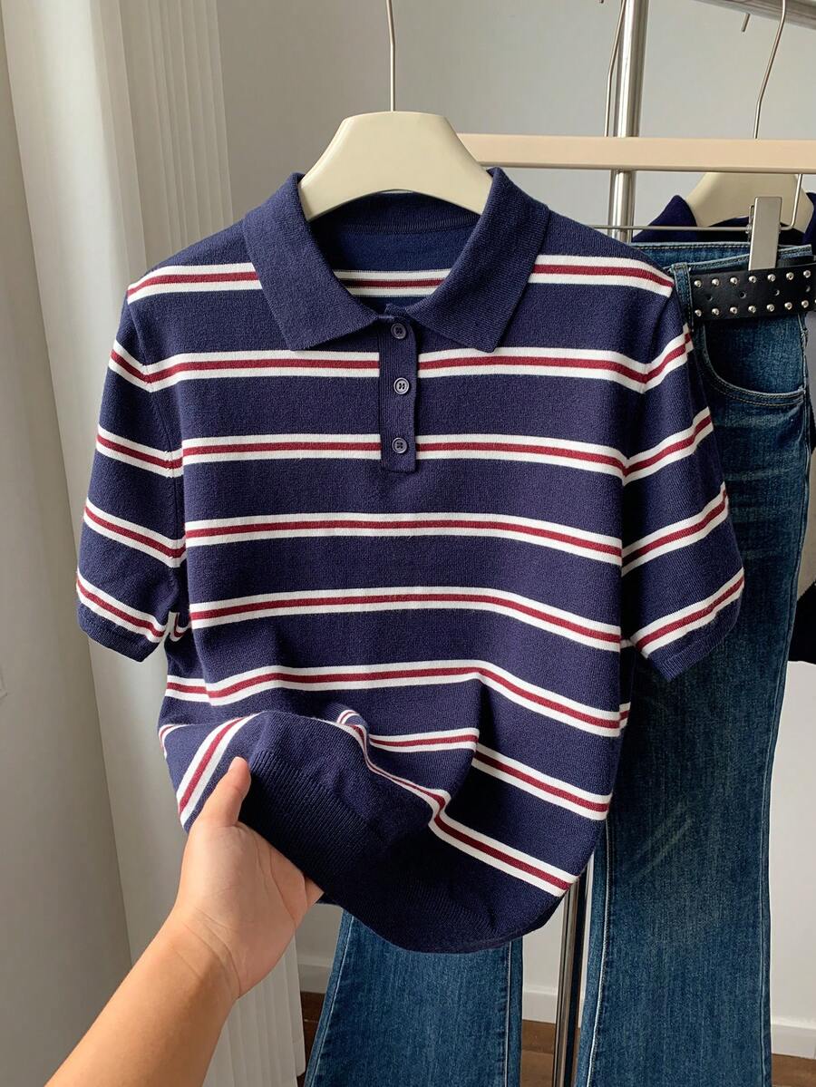 Comfortcana 女款條紋拼色休閒日常短袖 Polo 衫 - 藏蓝色 - 查看 1