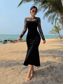 DAZY Women's Lace Patchwork Mermaid Midi Dress, Autumn Long Sleeve Dress - Black - View 15