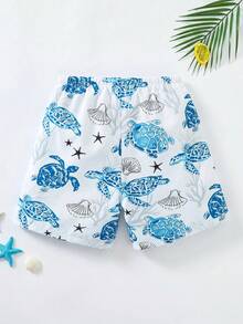 SHEIN 兒童/青少年男孩休閒百搭舒適椰子樹印花拼接寬鬆內裡泳褲沙灘短褲 - 彩色 - 查看 4