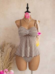 Swim Mod 夏季新款性感修身露背咖啡色與白色條紋抹胸兩件式套裝，荷葉邊上衣、三角比基尼泳褲，小胸聚攏坦克比基尼泳衣，甜美女孩風，適合溫泉、海灘、度假、生日派對 - 彩色 - 查看 3