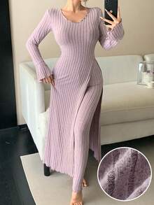 DAZY 女款純色高開衩長版上衣與緊身褲家居服套裝 - 灰色 - 查看 3