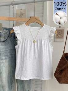 SHEIN Frenchy 女款 100% 純棉白色提花荷葉邊 T-shirt，圓領、飛袖，適合夏季海邊 - 白色 - 查看 7