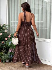 GalTyme Plus Size Women's Polka Dot Patchwork Ruffle Hem Fashion Cami Dress - Brown - View 2