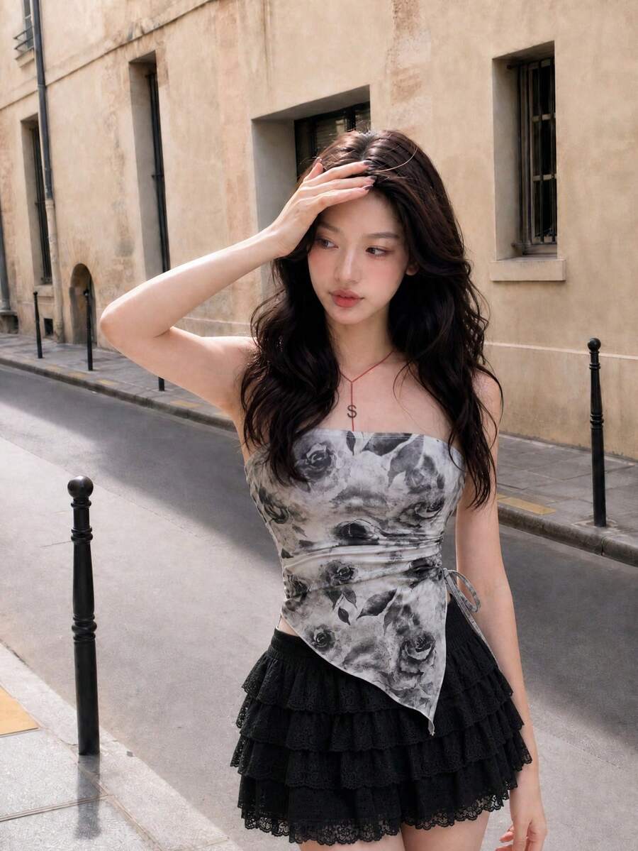 SHEIN MOD Tube Top With Side Drawstrings, Asymmetric Hem, Retro Sexy Elegant Printed Summer Going Out Party Night Night Out Tight Black And White