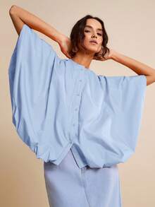 LOTSLUV Women's Spring/Summer Blue Loose Casual Elegant Batwing Sleeve Blouse Office,Elegant Women's Blouses,Pretty Blouses,Casual Blouses For Women - Baby Blue - View 3
