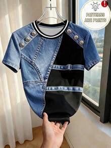 SHEIN Franclia Kaos Wanita Lengan Pendek Kerah Bulat Warna Aprikot Polos dengan Kancing Bahu, Cocok untuk Sehari-hari, Kasual, Serbaguna, Musim Panas - Biru - View 1