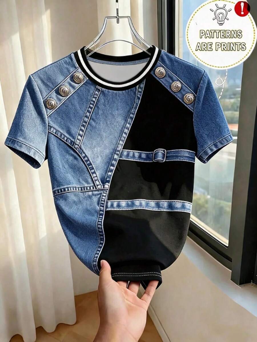 SHEIN Franclia Kaos Wanita Lengan Pendek Kerah Bulat Warna Aprikot Polos dengan Kancing Bahu, Cocok untuk Sehari-hari, Kasual, Serbaguna, Musim Panas - Biru - View 1