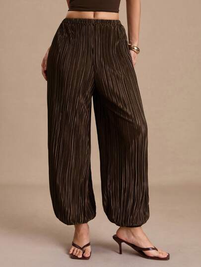 COSMINA Women's Casual Elegant Daily Pleated Elastic Waist Cuffed Long Pants City Break Vacation Dark Brown Autumn Dinner Brunch Work Bar Party