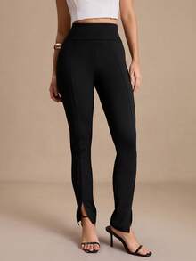 COSMINA Women's Solid Color High Waist Split Hem Casual Basic Modest Leggings Office Work Black Autumn - Black - View 6