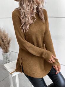 SHEIN LUNE 秋冬休閒百搭純色側開衩綁帶針織衫 - 鏽棕色 - 查看 5