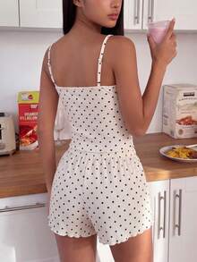 ZzzCrew Sweet Polka Dot Ruffle Camisole Pajama 2 Pieces Set, Minimalist Sexy Style Girls Loungewear - Multicolor - View 3