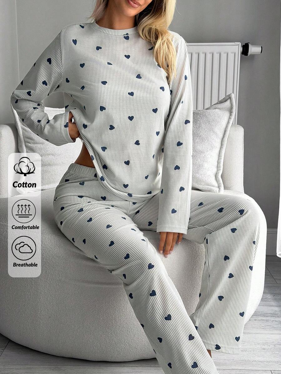 SHEIN Cotton Line 女款愛心條紋印花圓領短袖上衣與舒適短褲 2 件套 - 白色 - 查看 1