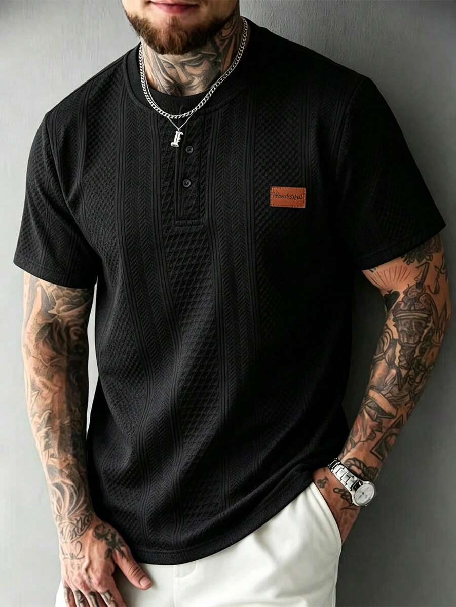 EGENSIO Men's Summer Casual Black Textured Crew Neck T-Shirt - Black - View 1