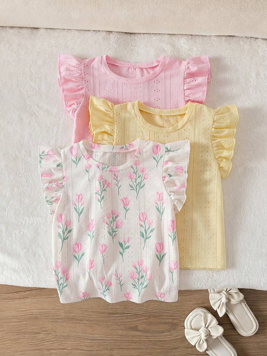 SHEIN 3件組女童針織提花布料粉色+黃色+數位印花無袖背心上衣,春夏居家與外出休閒穿著 - 彩色 - 查看 1