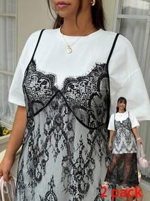 GalTyme Plus Size Summer INS Style Elegant Camisole 2 Pieces Dress Set Party White Black - Black and White - View 3