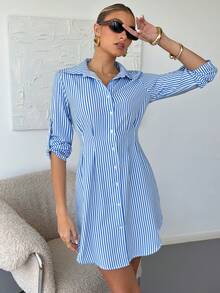 Lavishia 女款藍白條紋單排扣時尚休閒洋裝 - 藍白色 - 查看 2