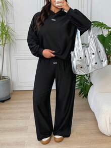 SHEIN EZwear 大尺碼女款字母印花連帽長袖上衣與長褲休閒日常兩件套 秋季 - 黑色 - 查看 6