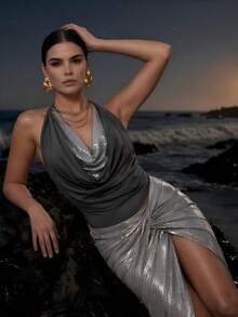 Anewsta Dark Grey Turtleneck Sequin Spaghetti Strap Backless Fitted Camisole Party Night Summer Sexy - Grey - View 9